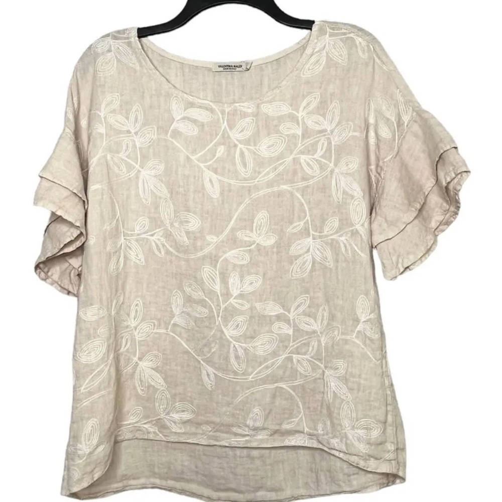 Valentina Naldi 100% Linen Blush Sz M Embroidered Ruffle Sleeve Top